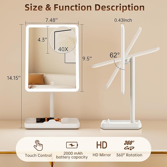 FUNTOUCH Vanity Mirror with Lights, Rechargeable Makeup Mirror with Lights,Smart Touch with 3-Color Lighting, Dimmable, Detachable 40X Magnification for Vanity Desk Tabletop,White