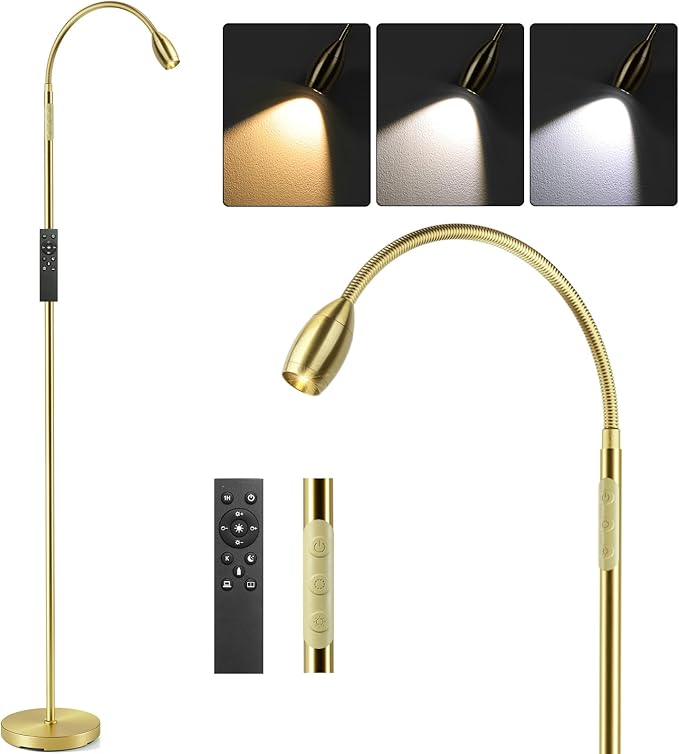 Reading Floor Lamp, 72" Tall LED Lamp with Flexible Gooseneck, Dimmable Zoomable Spotlight, Adjustable Color Beam Standing Lamp, Touch & Remote Control, Task Craft Bedroom Living Room (Light Gold)
