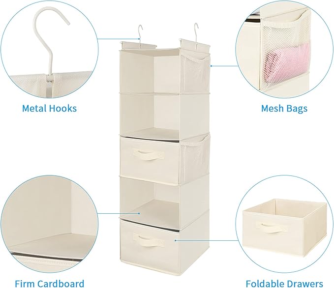 MAX Houser 5 Tier Shelf Hanging Closet Organizer, Cloth Hanging Shelf with 2 Sturdy Hooks for Storage, Foldable (Beige-D2)