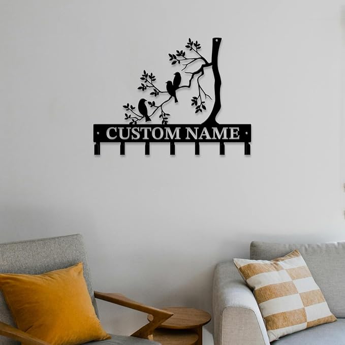 Personalized Custom Name Birds of Trees Wall Key Hooks,Metal Birds of Trees Art Clothes Hooks,Metal Birds of Trees Wall Home Storage Decorative,For Front Door, Hallway, Kitchen, Bedroom(Style G)