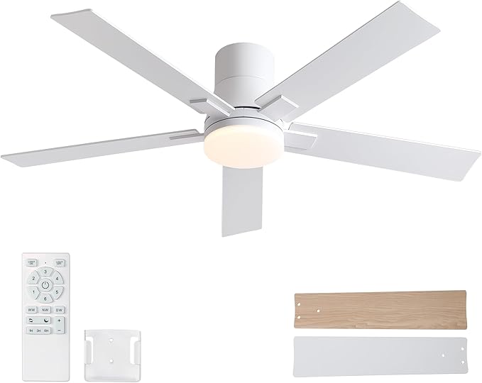 Rayqueen 52 Inch Ceiling Fans with Lights and Remote, Flush Mount White Ceiling Fan, 6 Speed Reversible DC Motor, 3CCT Dimmable LED-Low Profile Design for Bedroom, Living room & Covered Outdoor