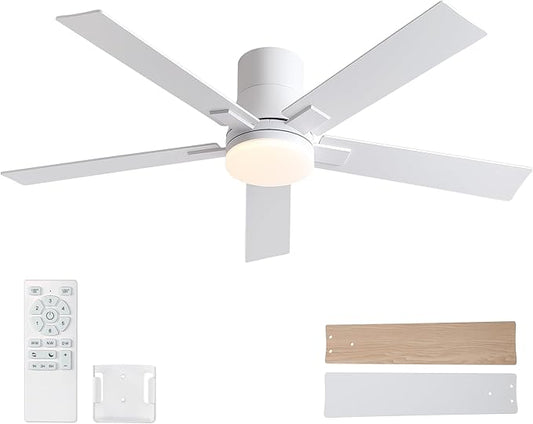 Rayqueen 52 Inch Ceiling Fans with Lights and Remote, Flush Mount White Ceiling Fan, 6 Speed Reversible DC Motor, 3CCT Dimmable LED-Low Profile Design for Bedroom, Living room & Covered Outdoor