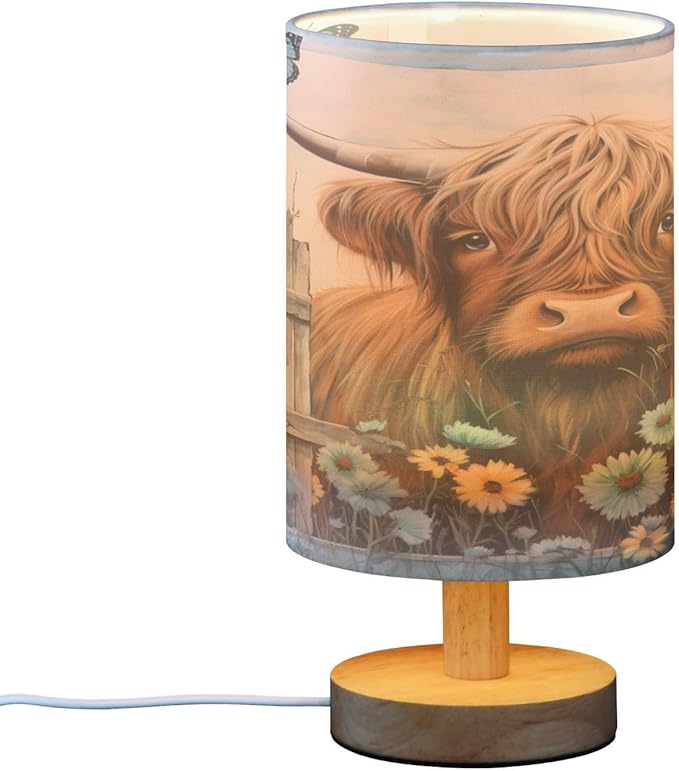 Highland Cows Daisy Wooden Vintage LED Table Lamp for Bedroom Bedside Lamp with USB Charging Ports Decor Nightstand for Living Room Reading Dorm Desk Home Office