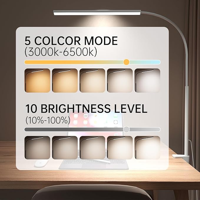 LED Desk Lamp with Clamp, Eye-Protection Clip on Desk Lamp, 5 Modes 10 Brightness Adjustment, 360°Flexible Gooseneck Lamp for Home Office, Lamps with USB Adapter，White