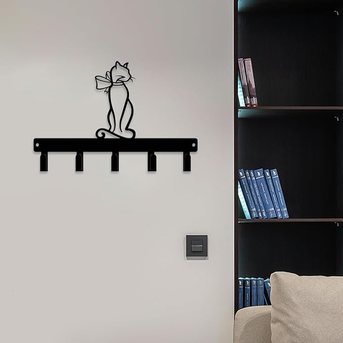 magilab Cat-Themed 10-Inch Iron Key Hooks with 5 Hooks, Black Wall Organizer - Cute Cat Design for Home Decor, No Drill & Screw-in Options (Style H)