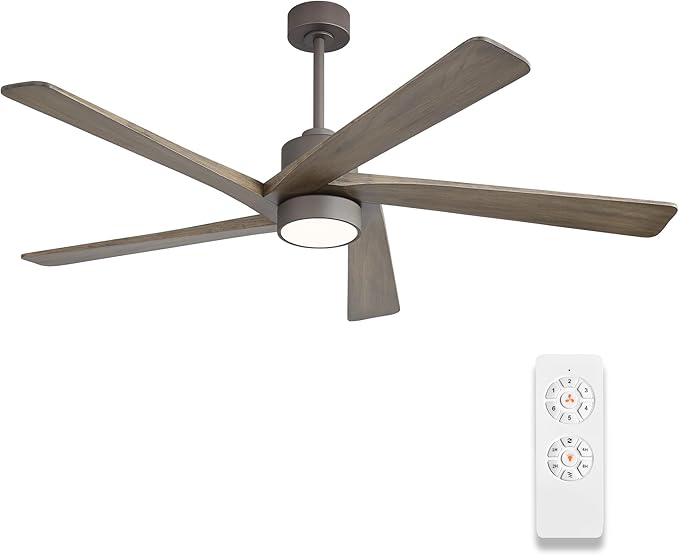 WINGBO 64 Inch DC Ceiling Fan with Lights and Remote Control, 5 Reversible Carved Wood Blades, 6-Speed Noiseless DC Motor, Modern Ceiling Fan in Graphite Finish with Gray Blades, ETL Listed