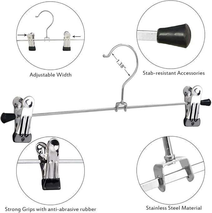 NORTHERN BROTHERS Pants Hangers with Clips Heavy Duty 20 Pack, Adjustable Metal Pants Hanger, Skirt Hangers with Clips Space Saving Hangers for Jeans
