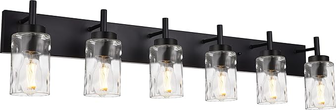 BONLICHT Transitional Bath Vanity Light Fixture 6 Light Black Wall Sconce Bathroom Lighting with Clear Hammered Glass, Industrial Farmhouse Metal Wall Mount Light for Kitchen Living Room Dining Room