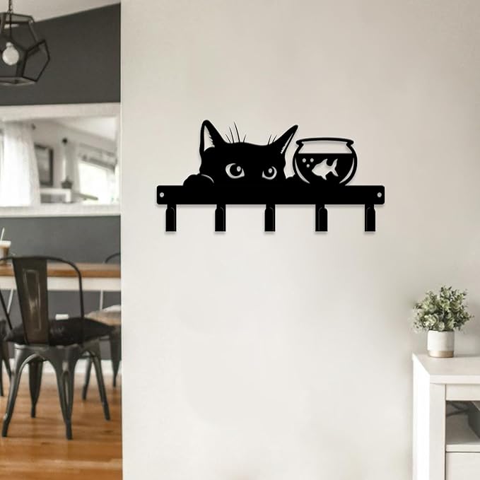 magilab Cat-Themed 10-Inch Iron Key Hooks with 5 Hooks, Black Wall Organizer - Cute Cat Design for Home Decor, No Drill & Screw-in Options (Style F)