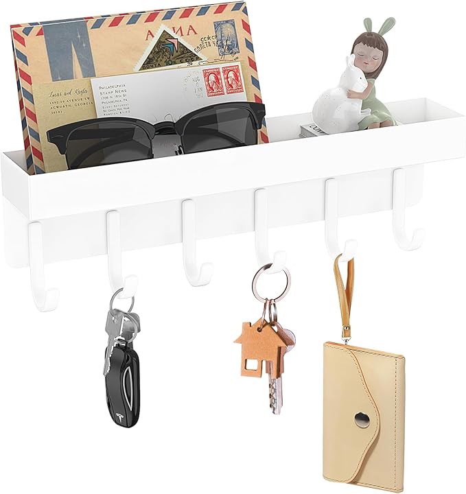 kuaima Magnetic Key Holder, Small Wall Mount Key Rack with Shelf for Fridge, 6 Metal Hooks, 9.65 Inch, 2 Installation Options, White