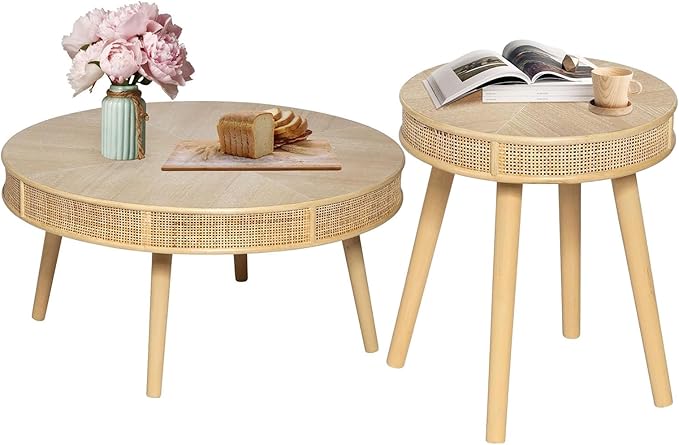 RUSTOWN 2-Piece Round Coffee Table Set with Rattan Accent, Soild Wood Leg, Farmhouse Modern Side Tables for Living Room, Boho Decor, Natural Finish