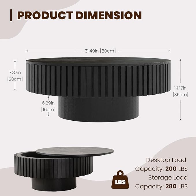 Round Drum Coffee Table with Storage, 31.5" Modern Handcraft Fluted Drum Coffee Table, Wooden Circle Center Table with Sturdy Pedestal for Living Room Apartment (31.5" Black with Storage)