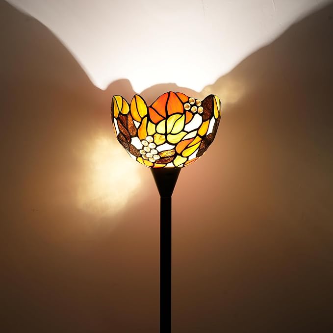 Tiffany Floor Lamp Tochiere Standing Lamp Yellow Grapes Style Stained Glass Floor Light Vintage Tall Pole Uplight Rustic Corner Lamp with Foot Switch for Home Decor Living Room Bedroom
