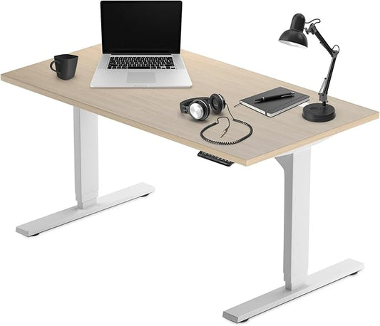 Progressive Desk Stand Up Adjustable Height Electric Standing Desk - 60"x30" Dual Motor, Computer Workstation Table for Home Office - Bright Beech, White Frame