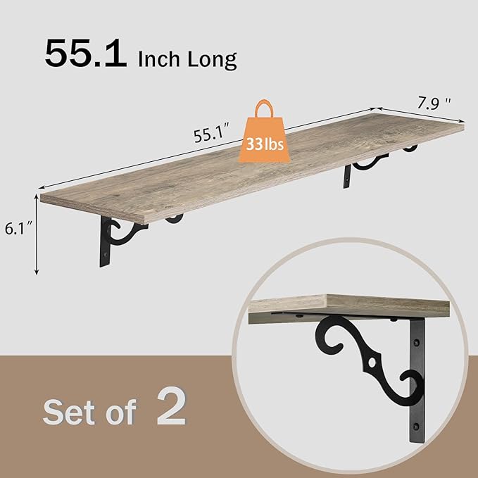 DINZI LVJ Long Wall Shelves, 55.1" Large Floating Shelves Set of 2, Farmhouse Display Shelf Wall Mounted with Heavy Duty Brackets, Easy Assembly for Kitchen, Bathroom, Bedroom, Balcony, Gray Wash