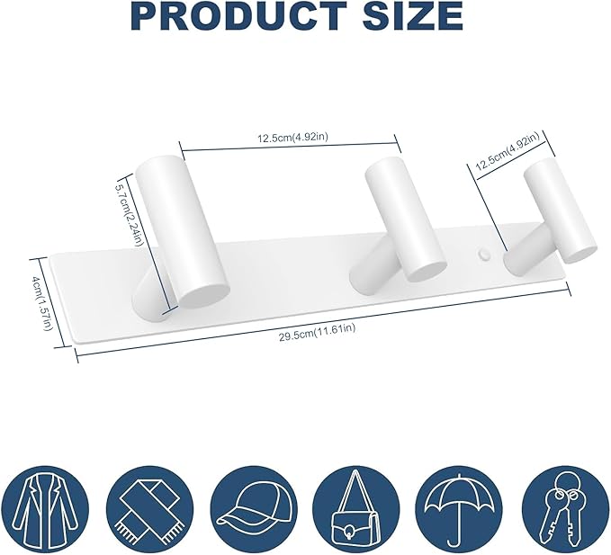 VAEHOLD Hat and Coat Wall Mount Rack - Hooks for Robes, Bags, Keys, and Towels - Bathroom Towel Hanger Organizer (White, “T“ Shape 3 Hooks 1 Pack)