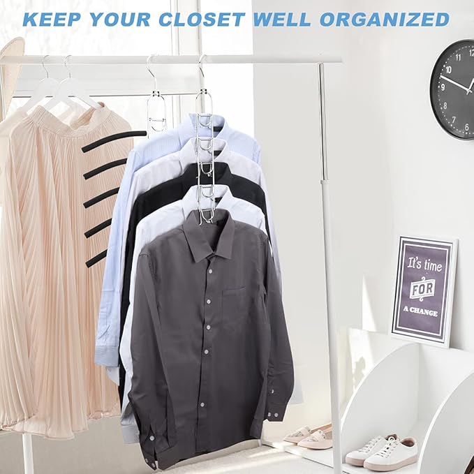 Space Saving Clothes Hangers, Multilayer Metal Hanger 2 Pack 5 in 1 Space Saver Coat Hangers, Anti-Slip Foam Padded Shirt Suit Hanger for Closet Storage Organizer