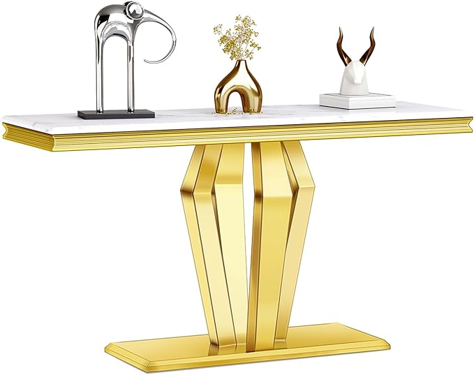 Gold Console Table, White and Gold Sofa Table, 50-inch Entryway Table with Polished Geometric Base for Living Room, Hallway