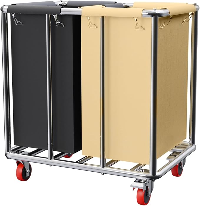 Commercial Laundry Cart with Wheels, 400L 2-Section Large Lanudry Hamper with Wheels, Heavy-Duty Rolling Laundry Cart with Silent Rubber & Waterproof Oxford Bags (Black Beige)