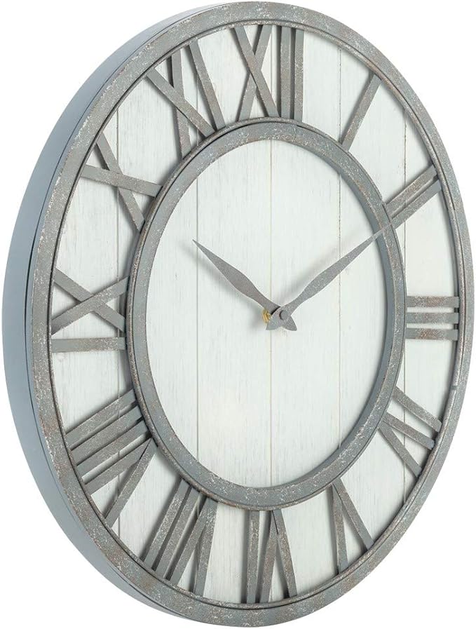 Oldtown Farmhouse Metal & Solid Wood Noiseless Wall Clock (Whitewash, 18-inch)