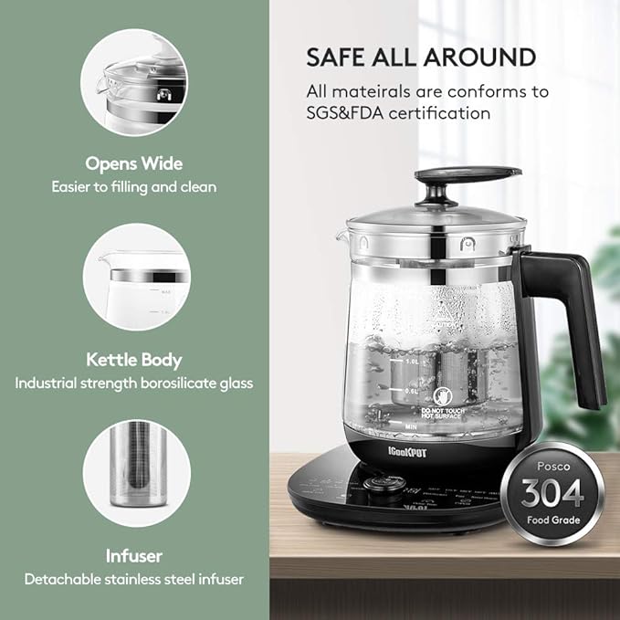 Electric Kettle Temperature Control Glass Tea Kettle Programmable Control Tea Pot, 2 Liter Stainless Steel Tea Maker & Coffee Kettle with Tea Infuser, Egg Cooker and Yogurt Box, BLACK