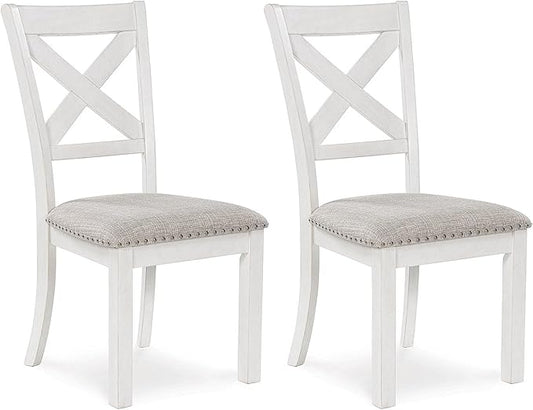 Signature Design by Ashley Robbinsdale Casual Upholstered Solid Wood Dining Chair with Nailhead Trim, Set of 2, White & Light Gray