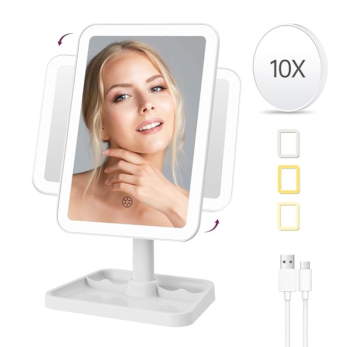 FUNTOUCH Rechargeable Lighted Mirrors for Makeup, 2000mAh, 10X Magnification/3 Color Lighting Portable Tabletop Cosmetic Make Up Mirror, 360° Rotation Led Light up Mirrors with Storage,White
