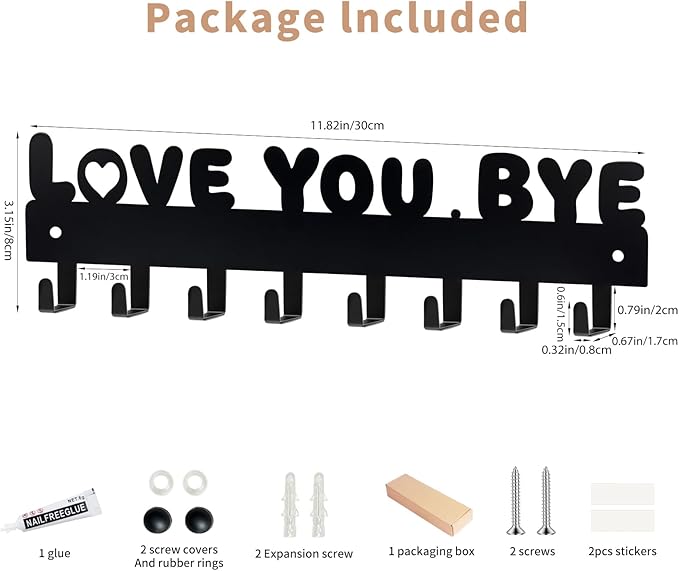 Key Holder for Wall, Key Hooks with 8 Hooks, Key Holder Wall Mount Self Adhesive, Key Rack for Wall No Drill for Entryway, Front Door, Hallway, Living Room (Black-Love You Bye)