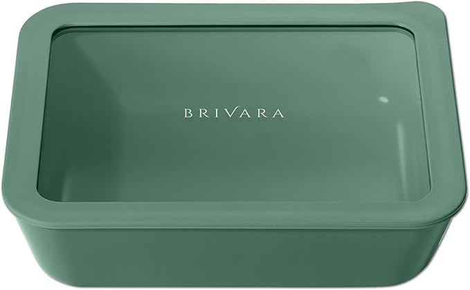 Ceramic Coated Glass Food Storage Container | No PTFE, PFOA, PFAS, and BPA | Reusable Non Toxic Meal Prep Container with Glass Lid | Easy To Store | 6 Cup Rectangle [Pine]