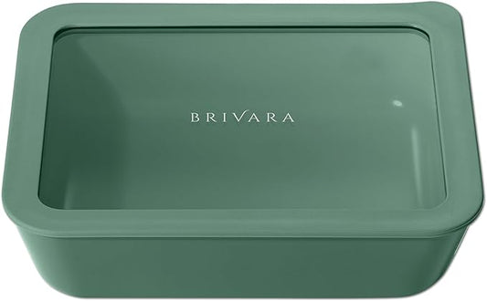 Ceramic Coated Glass Food Storage Container | No PTFE, PFOA, PFAS, and BPA | Reusable Non Toxic Meal Prep Container with Glass Lid | Easy To Store | 6 Cup Rectangle [Pine]