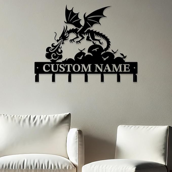 Personalized Evil Dragons Keys Hooks,Custom Name Metal Dragons Art Keys Hooks,Metal Dragons Lover Wall Home Storage Decorative Keys Hooks,Key Holder Hooks for Wall (Style G)