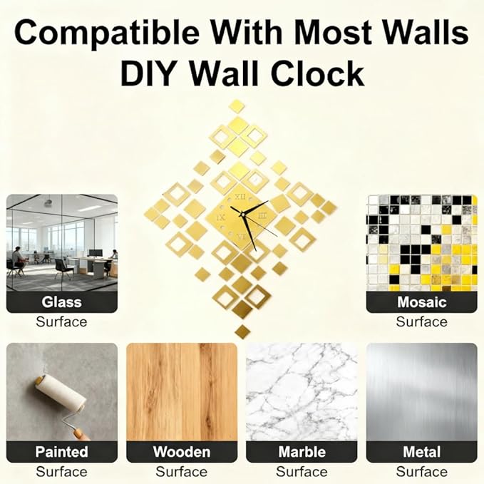 Frameless DIY Wall Clock – Large Modern 3D Mirror Wall Clock with Numbers Stickers, DIY Clock Kit for Home, Living Room, Bedroom, Office Wall Decor(Gold)