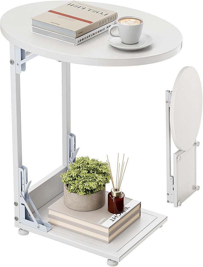Elbourn Folding Side Table End Couch Tables,Metal Frame C-Shaped TV Stand for Living Room, Bedroom, Coffee Table(White)