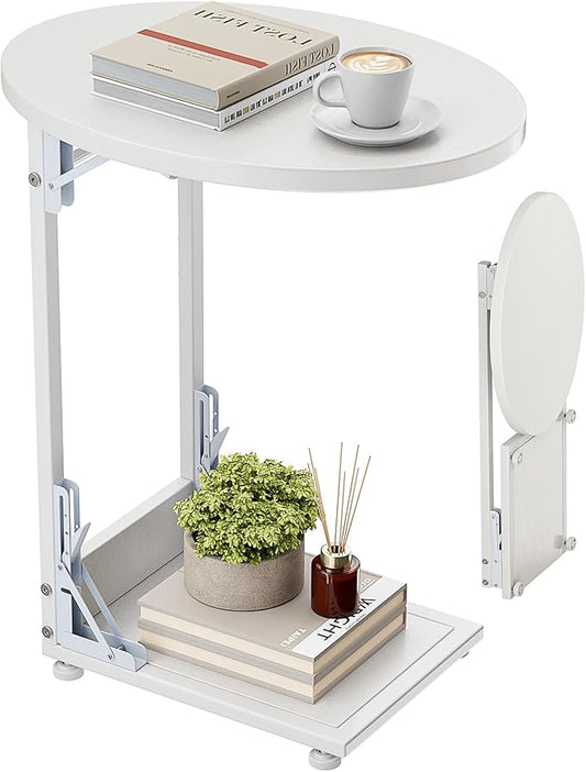 Elbourn Folding Side Table End Couch Tables,Metal Frame C-Shaped TV Stand for Living Room, Bedroom, Coffee Table(White)