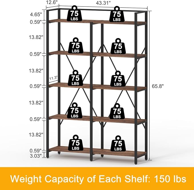 BON AUGURE Industrial Bookshelf, Bookcases and Bookshelves Etagere, Tall Large Farmhouse Book Shelves, 5 Tier Open Bookcase, Wood Metal Shelving Unit for Bedroom, Office (Rustic Oak)