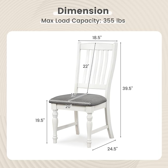 Giantex Wood Dining Chairs Set of 2, Farmhouse Kitchen Chairs with Solid Wood Frame, Max Load 355 Lbs, Armless Upholstered Dining Side Chairs with Cushion Seat, Slat Back Dining Room Chair, White