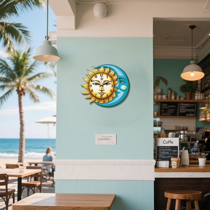 CHGCRAFT Sun and Moon Pattern Wall Clock 14.9 Inch Star Wood Grain Non-Ticking Irregular Shape Clocks Wall Hanging Clock Battery Operated for Bedroom Living Room Kitchen Office