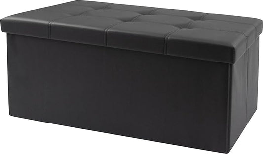 30 Inches Folding Storage Ottoman Bench, Faux Leather Footstool Ottoman, Storage Trunk Footrest for Bedroom, Living Room and Hallway, Support 350lbs, Black（Black line）