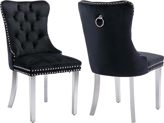 Luxury Upholstered Dining Chairs Set of 2, Black Kitchen Chair with Silver Metal Legs, Velvet Tufted Back Dining Chair, Sillas de Comedor, Modern Kitchen & Dining Room Chairs (Black, 2 Pcs)