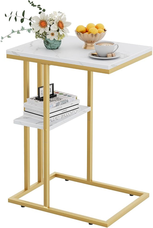 C Shaped End Side Table, Couch Sofa Table for Bed, Gold Snack Table with Metal Frame, TV Tray Table for Small Space, Living Room, Bedroom, Bedside(White Marble)