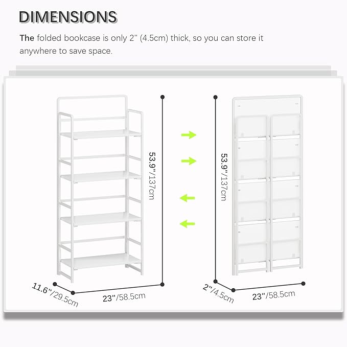4NM No Assembly Folding Bookshelf, 4-Shelf 54" H Collapsible Foldable Bookcase Storage for Small Spaces, All White