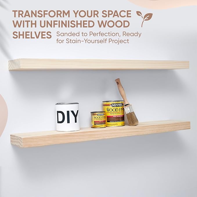 Homeforia 42 inch Wood Floating Shelf, High End Solid Natural Wood 42inch Large Floating Shelves for Wall Mounted, Unfinished Wooden Floating Shelves, Heavy Duty Bracket, 42 X 6.5 X 1.75 in, Set of 2