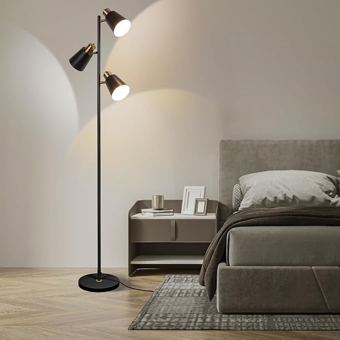 Tree Floor Lamp for Living Room, Industrial 3-Light Standing Lamp with 3 LED Bulbs, Adjustable Rotation Heads, Standing Tall Pole Lamp Farmhouse Rustic Reading Lamps for Bedroom Office (Black Gold)