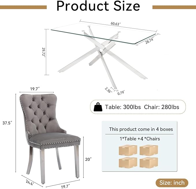 Goujxcy Glass Dining Table Set for 4, Modern Kitchen Table and Chairs Set of 4, 5-Piece Kitchen Dining Room Table Set w/61 Glass Silver Dining Table and 4 Gray Velvet Upholstered Chairs