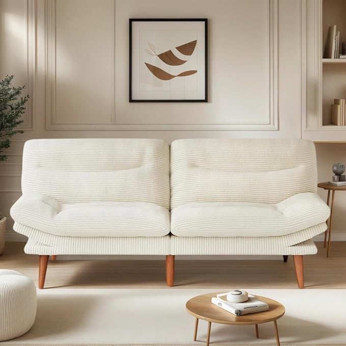 Amada 75" Convertible Futon Sofa Bed, Corduroy Folding Futon Set with Adjustable Backrest &Armrests, Recliner Lounge for Living Room, Apartment or Office, Solid Wood Frame, Loveseat Sofa -Beige White