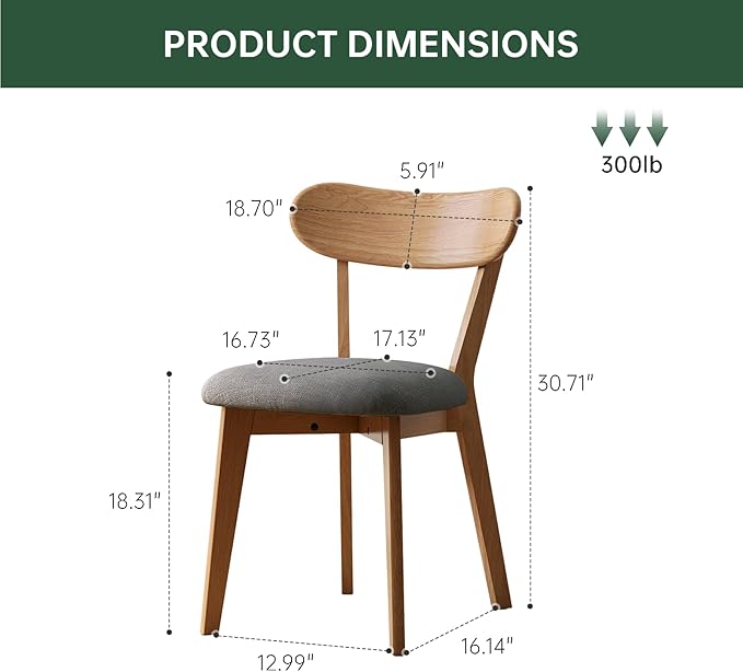 100% Solid Wood Upholstered Dining Chairs, Mid Century Modern Oak Dining Chairs with Curved Back with Butterfly Wing Shape for Kitchen, Dining Room, Restaurant (4PK, Log Color-Dark Gray Cushion)