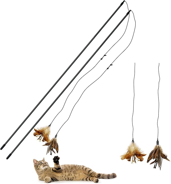 TTcat Cat Wand Toys Feather Stick Toys,2 PCS Extra-Long 31.5in Teaser Wands and 4 PCS Feather Refills,Interactive Toys for Bored Indoor Cat and Kitten.