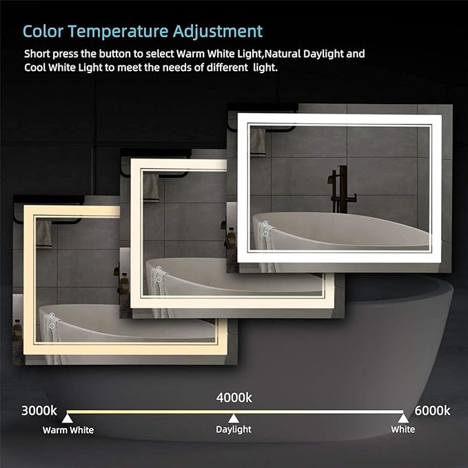 LED Bathroom Mirror Wall-Mounted Vanity Mirror with Anti Fog,Dimmable Waterproof Smart Touch Button Makeup Mirror with Lights Vertical & Horizontal (36x24 Inch)