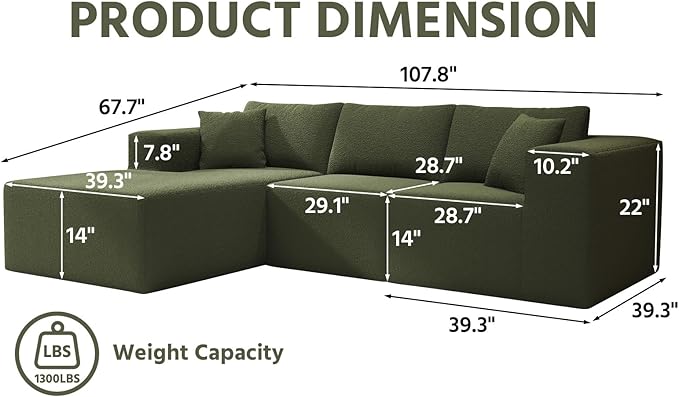 108" Cloud Sectional Couch with L-Shape Chaise,4 Seat Modern Modular Sofa with Deep Seat,Upholstered Couches for Living Room Bedroom, Boneless Couch