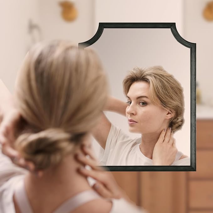 WallBeyond Scalloped Wood Mirror for Wall Decor 16x20 Inch Black Small Bathroom Vanity Rectangle Mirror for Hallway Bedroom Living Room(Black)